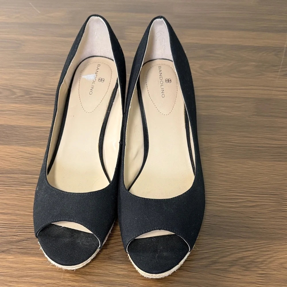 Bandolino Black Wedge Fabric Espadrille Peep-Toe Shoes Sz 11‎